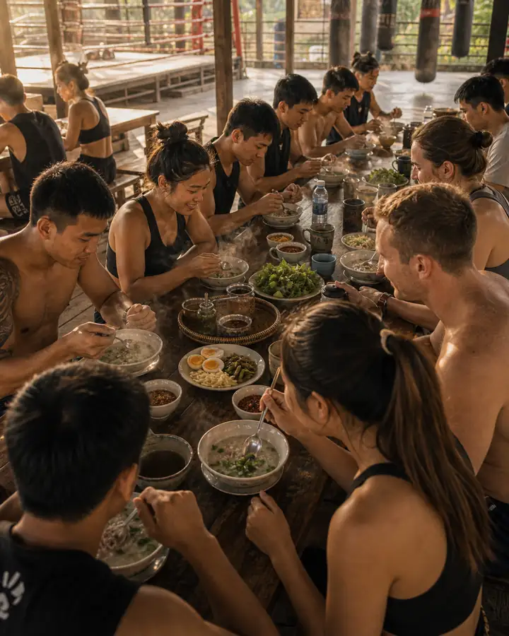 นักเรียนไทยและต่างชาติกินข้าวต้มร่วมกันหลังซ้อมเช้า