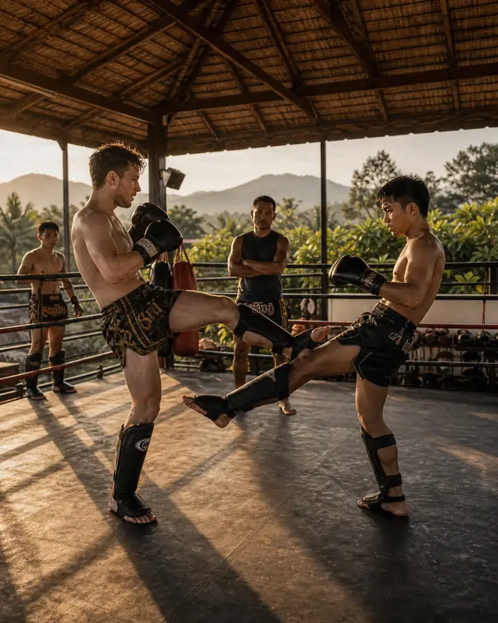 นักเรียนไทยและต่างชาติซ้อมสปาร์ในเวทีมวยเปิดโล่ง