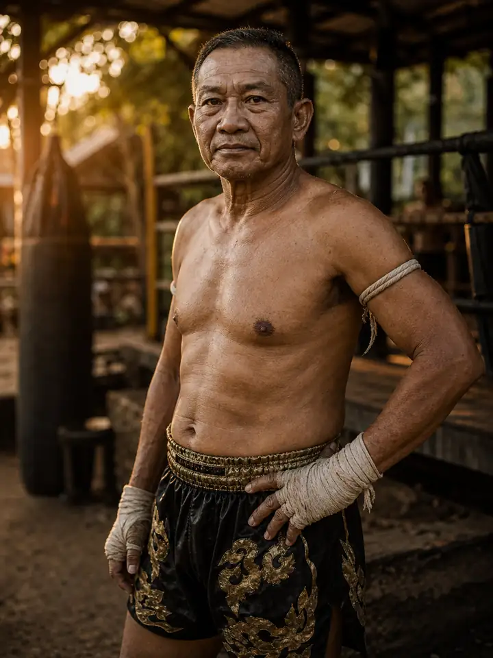 ครูศักดิ์อดีตแชมป์มวยไทยยืนในแสงเช้าที่ค่ายเชียงใหม่