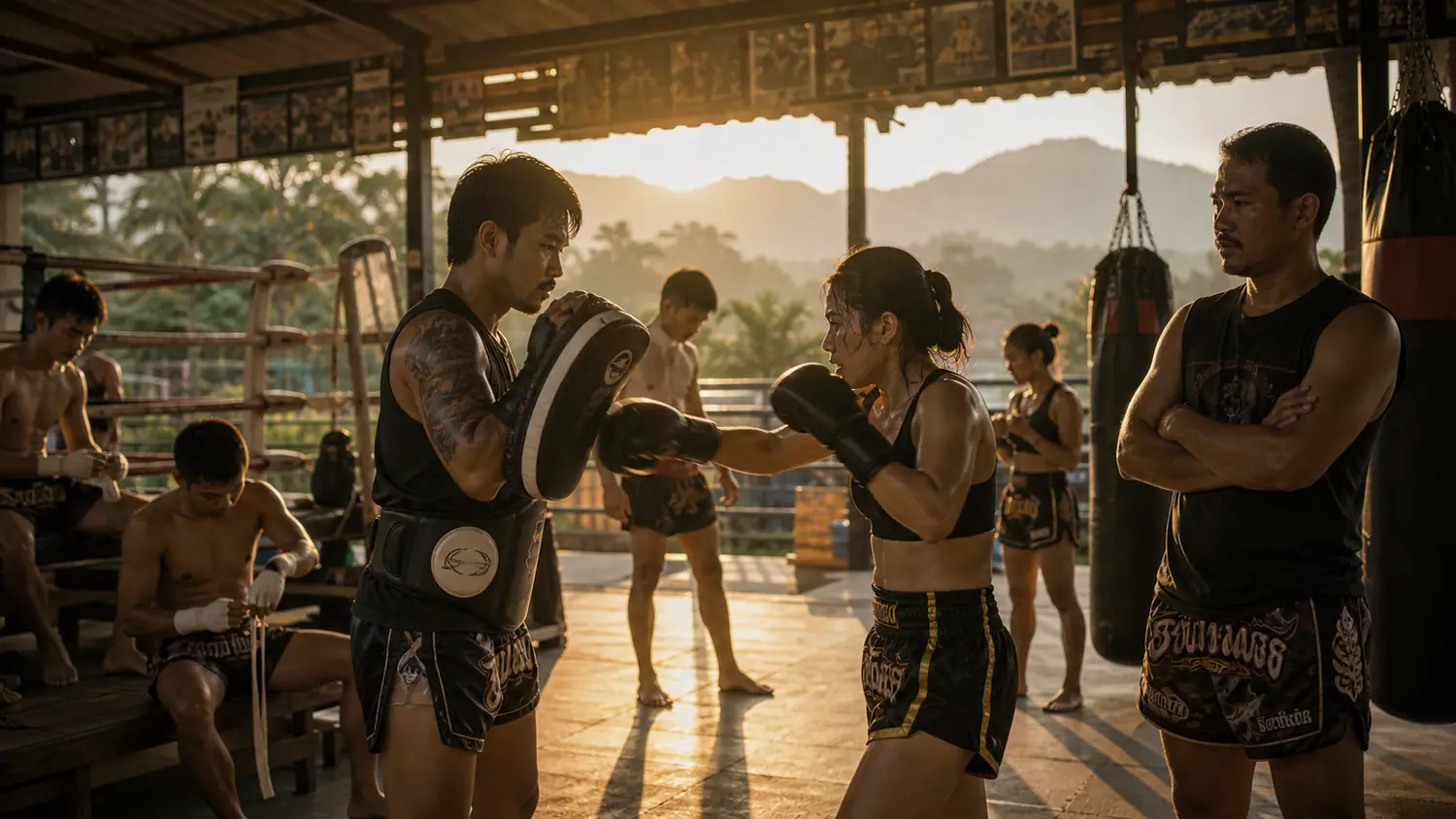 การซ้อมเป้าเช้ามืดในค่ายมวยไทยเชียงใหม่พร้อมฉากภูเขา
